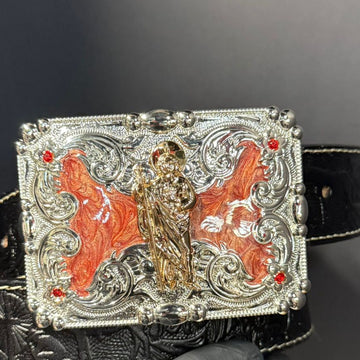 Evilla De Metal San Judas Tadeo For Cinto De Two Inches Western Belt Buckle with Detailed Design and Red Accents